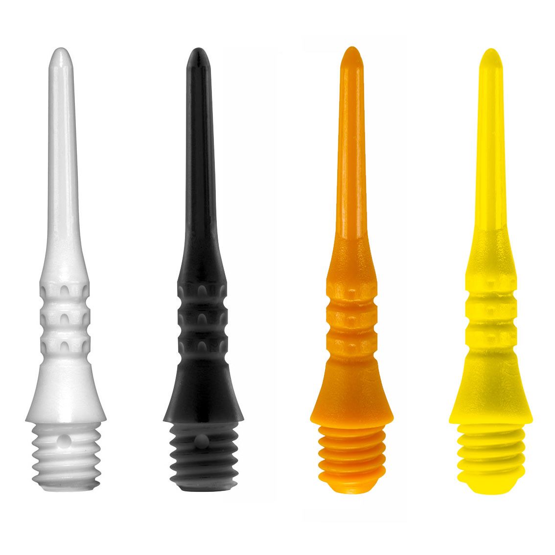 Das Bild zeigt vier verschiedene Dartspitzen in den Farben Weiß, Schwarz, Orange und Gelb. Es handelt sich um das Produkt "Target Pixel Tip (50er Pack) - Spitzen".